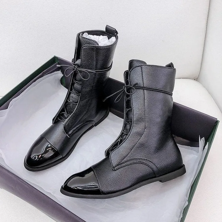 Damen Schnürstiefel mit spitzer Kappenaht und mittelhohem Schaft aus strukturiertem Obermaterial Drune