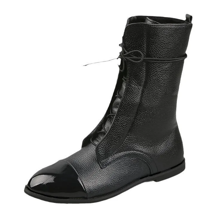 Damen Schnürstiefel mit spitzer Kappenaht und mittelhohem Schaft aus strukturiertem Obermaterial Drune
