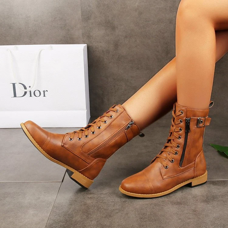 Damen Schnürstiefel mit seitlichem Reißverschluss und Zier-Riemen knöchelhoch Vintage-Bikerstiefel Drune
