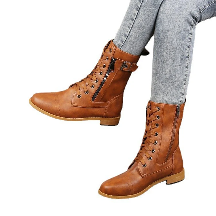 Damen Schnürstiefel mit seitlichem Reißverschluss und Zier-Riemen knöchelhoch Vintage-Bikerstiefel Drune