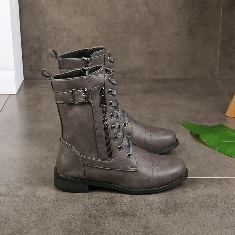 Damen Schnürstiefel mit seitlichem Reißverschluss und Zier-Riemen knöchelhoch Vintage-Bikerstiefel Drune