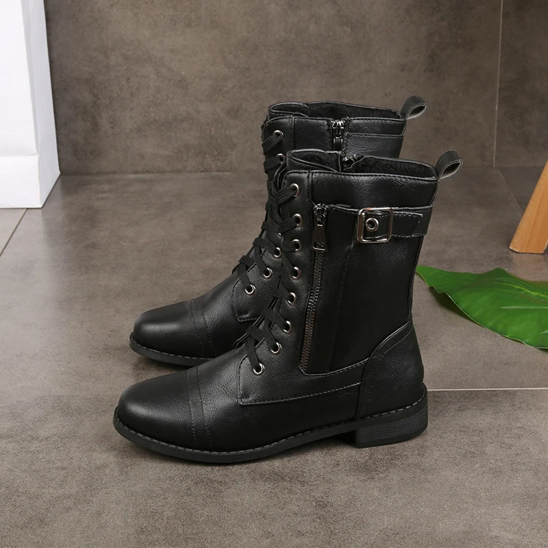 Damen Schnürstiefel mit seitlichem Reißverschluss und Zier-Riemen knöchelhoch Vintage-Bikerstiefel Drune