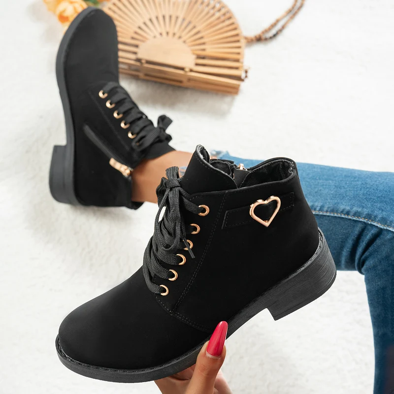 Damen Schnür-Ankleboots aus Veloursoptik mit niedrigem Blockabsatz und Herzdetail Drune