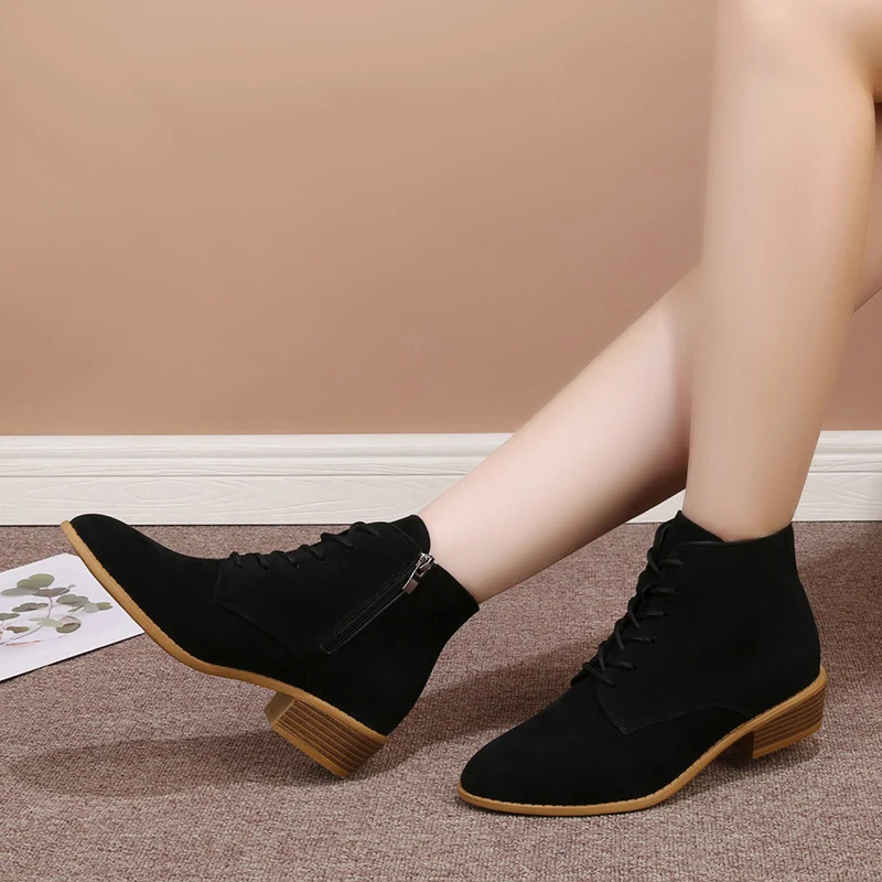 Damen Schnür-Ankleboots aus Veloursleder mit niedrigem Blockabsatz Drune