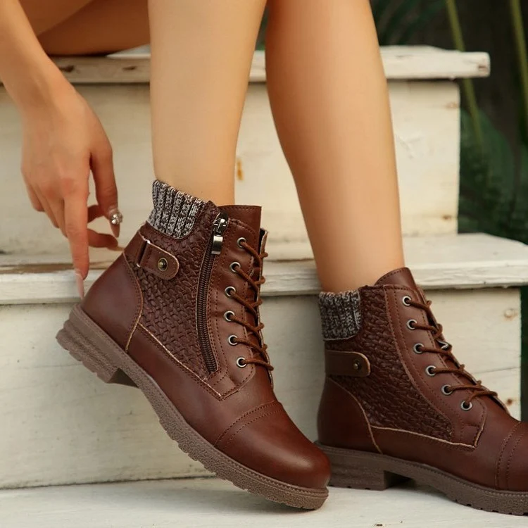 Damen Schnür-Ankle-Boots mit Strickmanschette, seitlichem Reißverschluss und gepolstertem Komfortfußbett Drune