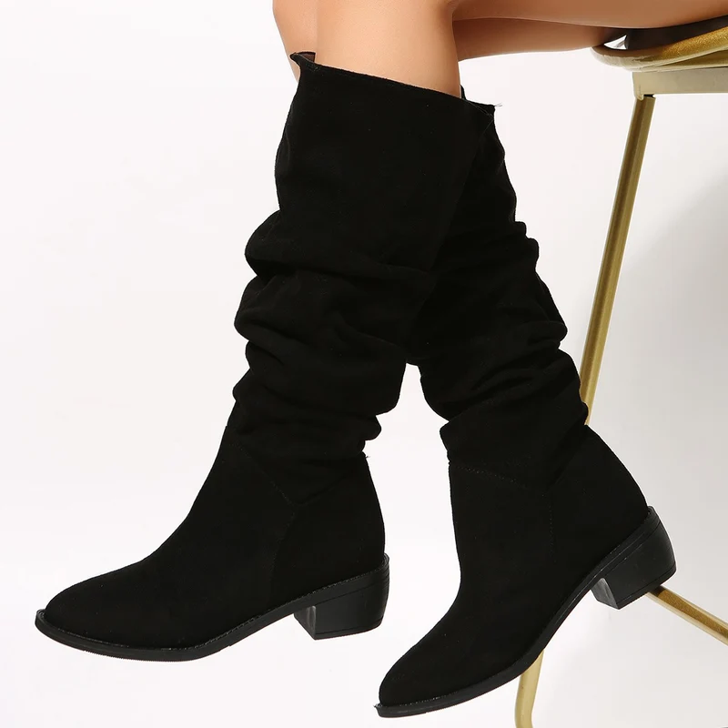 Damen Schlupf-Stiefel mit Slouchschaft und niedrigem Blockabsatz Drune