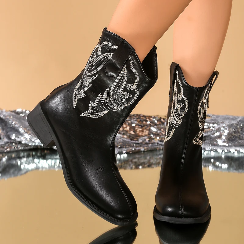 Damen Retro-Cowgirl-Stiefel mit mittelhohem Blockabsatz und dekorativer Stickerei Drune
