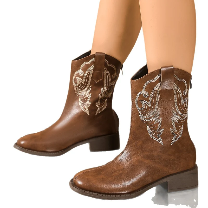 Damen Retro-Cowgirl-Stiefel mit mittelhohem Blockabsatz und dekorativer Stickerei Drune
