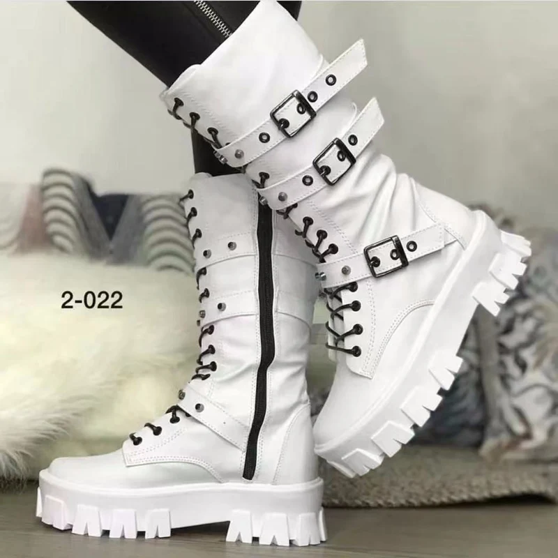 Damen Plateau-Bikerstiefel mit grober Profilsohle, Schnürung, Reißverschluss und verstellbaren Zierschnallen Drune