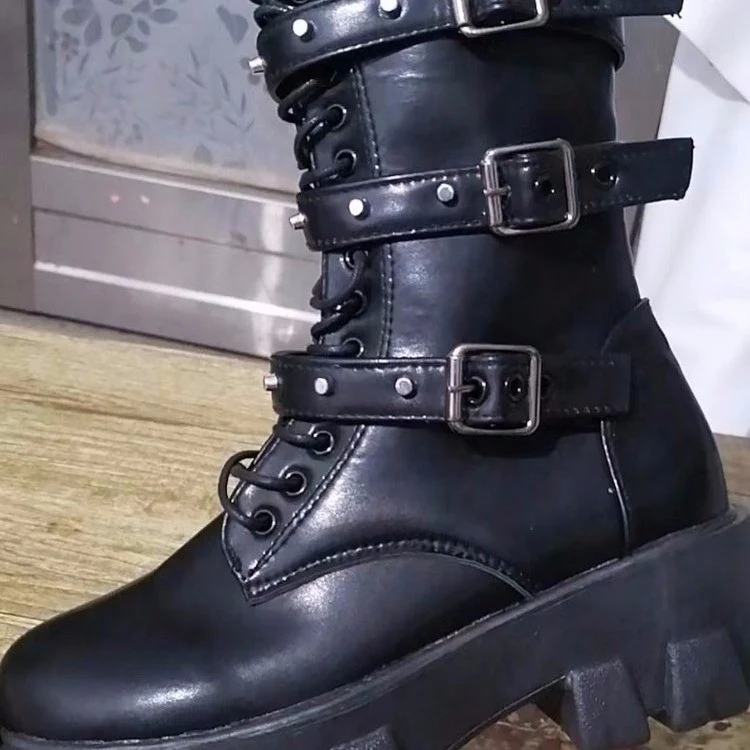 Damen Plateau-Bikerstiefel mit grober Profilsohle, Schnürung, Reißverschluss und verstellbaren Zierschnallen Drune