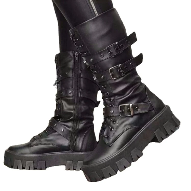 Damen Plateau-Bikerstiefel mit grober Profilsohle, Schnürung, Reißverschluss und verstellbaren Zierschnallen Drune