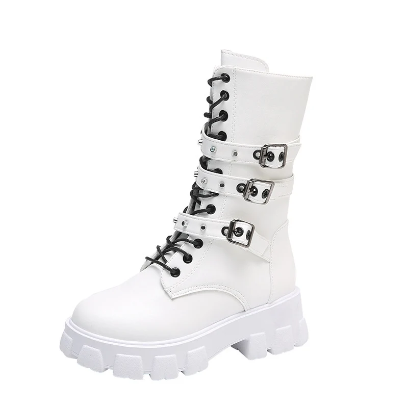 Damen Plateau-Bikerstiefel mit dreifacher Zierschnalle und massiver Profilsohle Drune