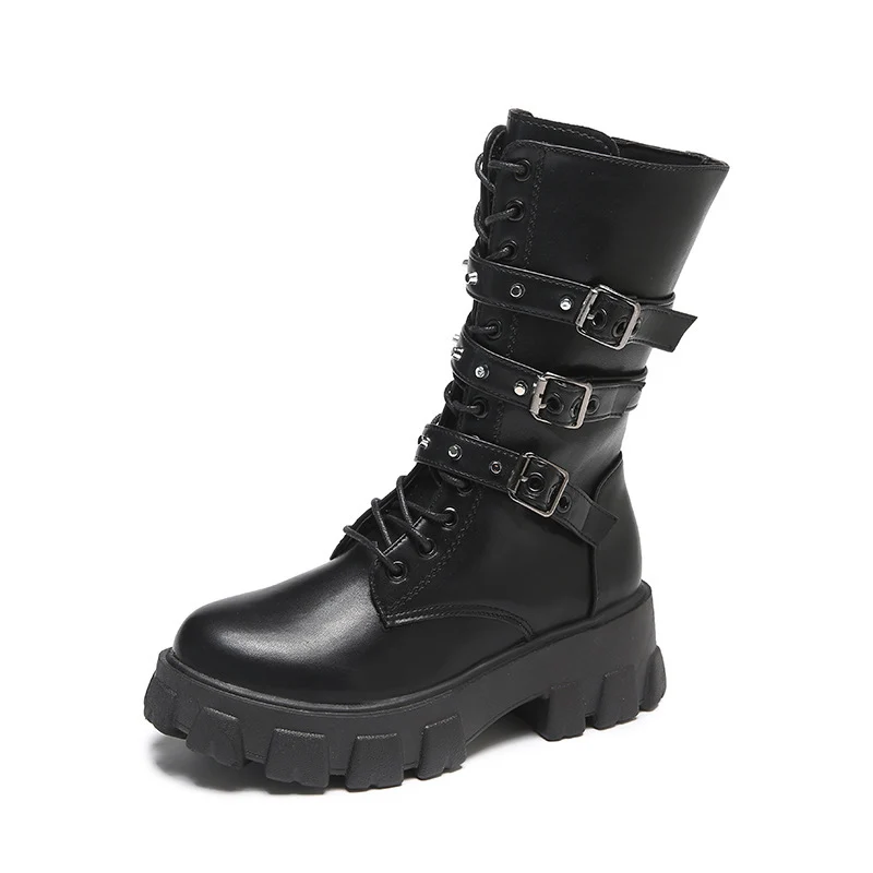 Damen Plateau-Bikerstiefel mit dreifacher Zierschnalle und massiver Profilsohle Drune