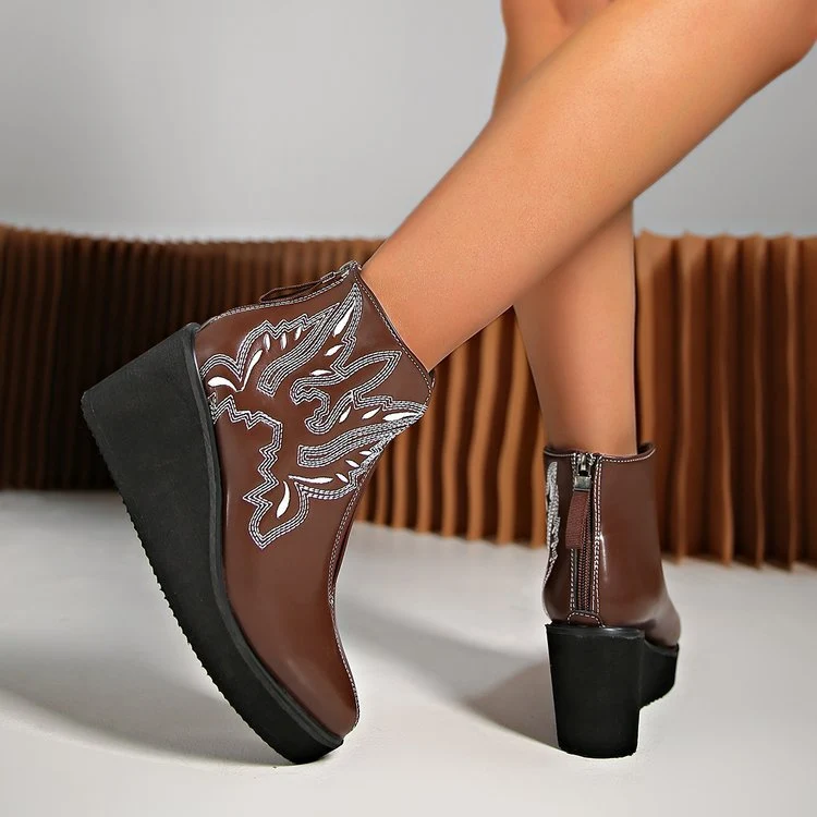 Damen Plateau‑Ankleboots im Westernstil mit Zierstickerei und Rückzipper Drune