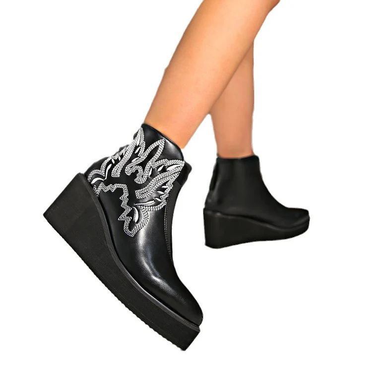 Damen Plateau‑Ankleboots im Westernstil mit Zierstickerei und Rückzipper Drune