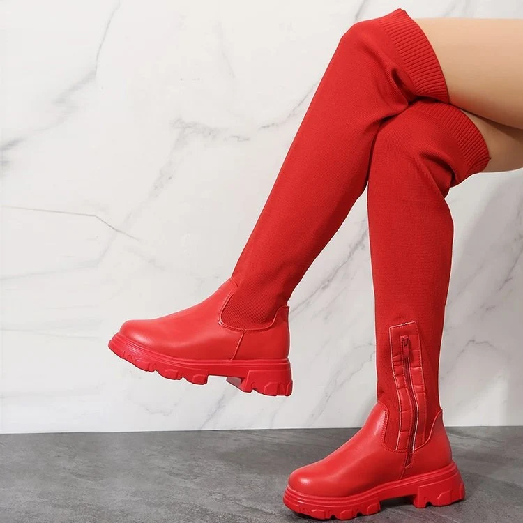 Damen Overknee-Stiefel mit elastischem Strickschaft, seitlichem Reißverschluss und markanter Chunky‑Lug‑Sohle Drune