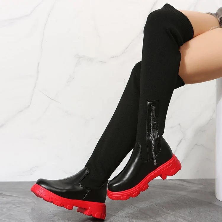 Damen Overknee-Stiefel mit elastischem Strickschaft, seitlichem Reißverschluss und markanter Chunky‑Lug‑Sohle Drune