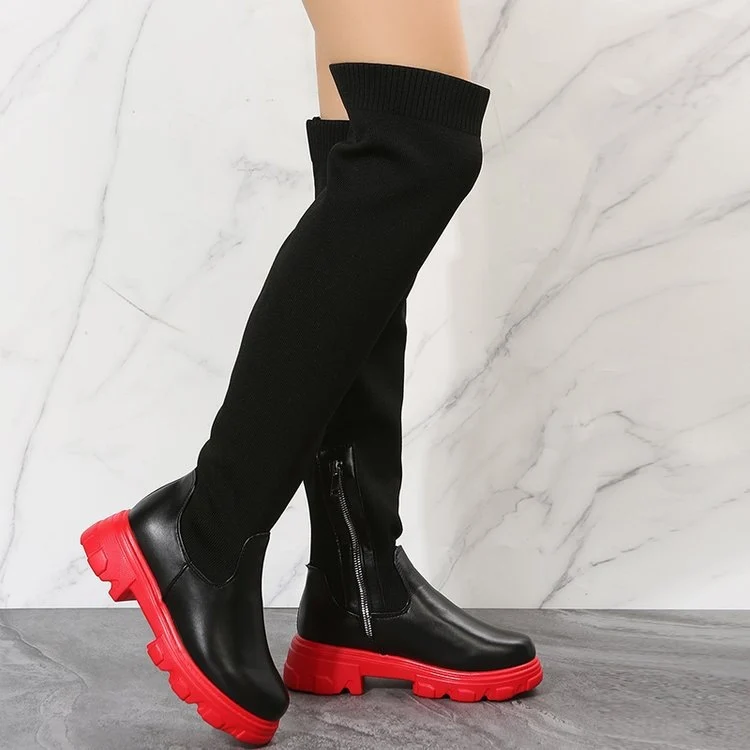 Damen Overknee-Stiefel mit elastischem Strickschaft, seitlichem Reißverschluss und markanter Chunky‑Lug‑Sohle Drune