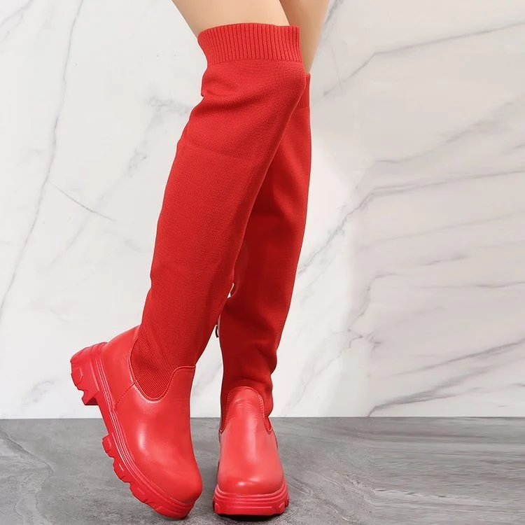 Damen Overknee-Stiefel mit elastischem Strickschaft, seitlichem Reißverschluss und markanter Chunky‑Lug‑Sohle Drune