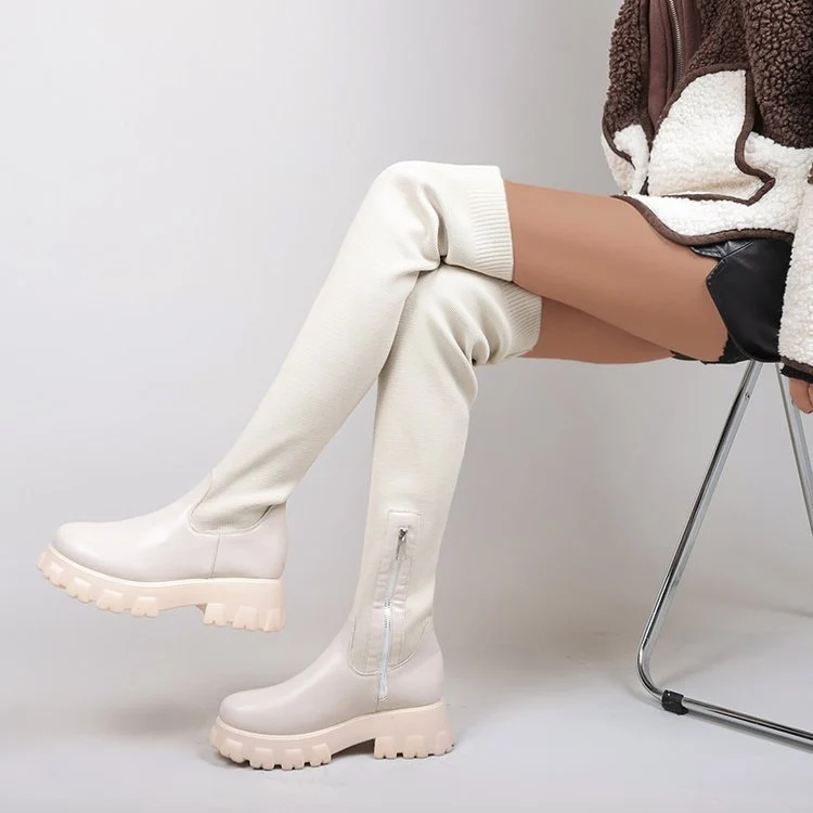 Damen Overknee-Stiefel mit elastischem Strickschaft, seitlichem Reißverschluss und markanter Chunky‑Lug‑Sohle Drune