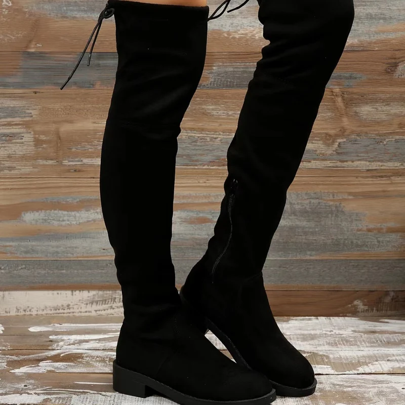 Damen Overknee‑Stiefel aus Veloursimitat mit elastischem Schaft und niedrigem Blockabsatz Drune