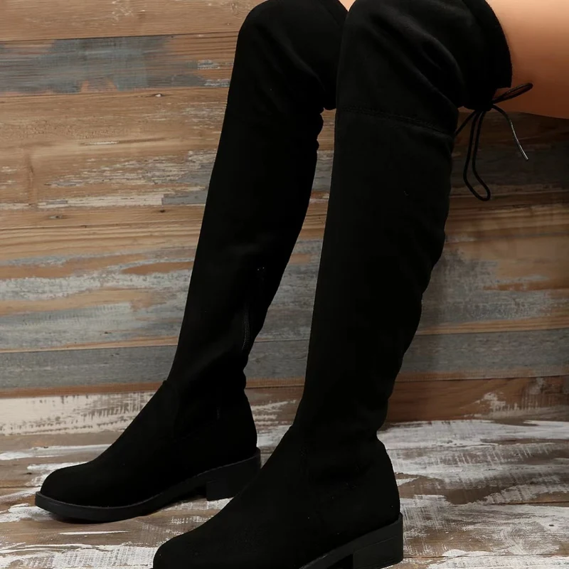 Damen Overknee‑Stiefel aus Veloursimitat mit elastischem Schaft und niedrigem Blockabsatz Drune