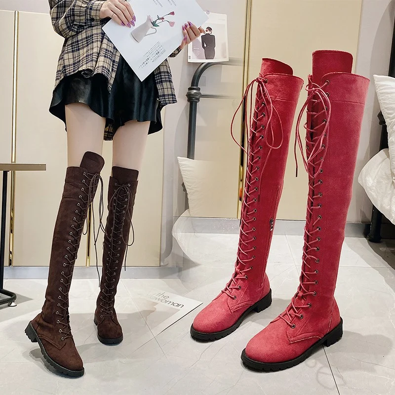 Damen Overknee-Schnürstiefel aus Veloursoptik mit durchgehendem Schnürsystem und grober Profilsohle Drune