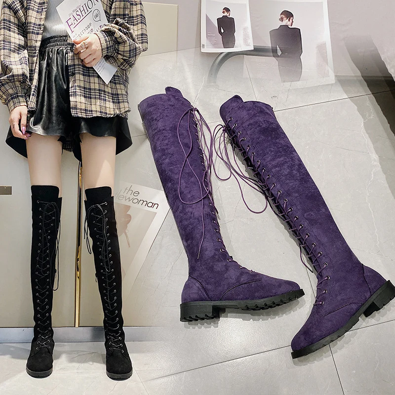 Damen Overknee-Schnürstiefel aus Veloursoptik mit durchgehendem Schnürsystem und grober Profilsohle Drune