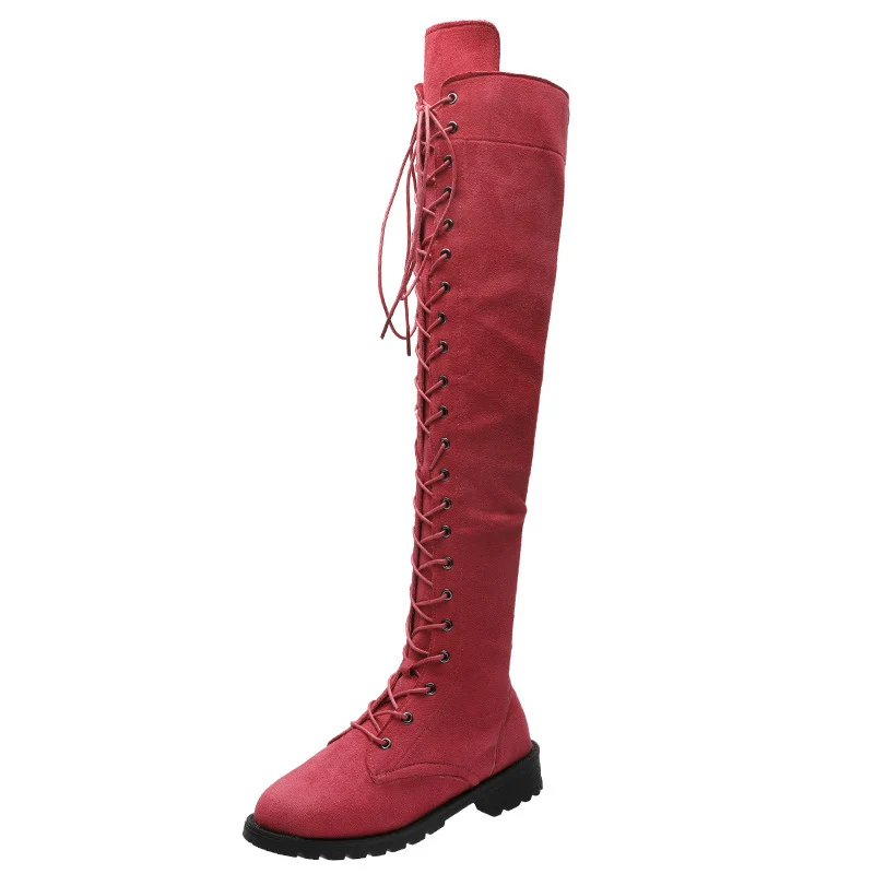 Damen Overknee-Schnürstiefel aus Veloursoptik mit durchgehendem Schnürsystem und grober Profilsohle Drune