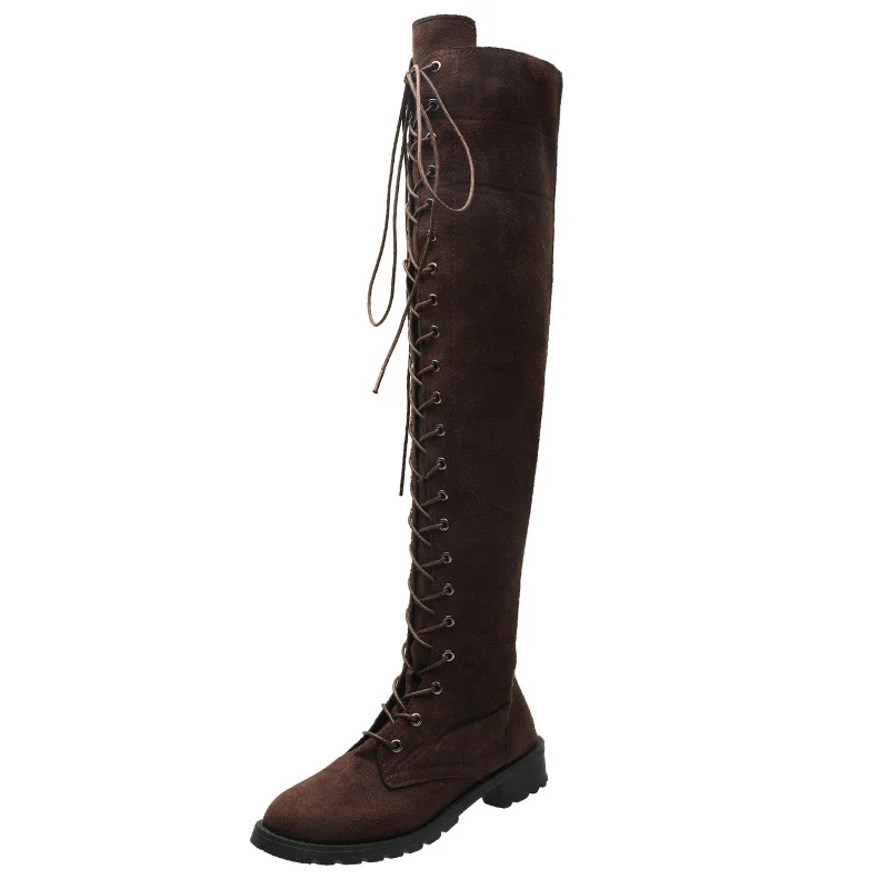 Damen Overknee-Schnürstiefel aus Veloursoptik mit durchgehendem Schnürsystem und grober Profilsohle Drune