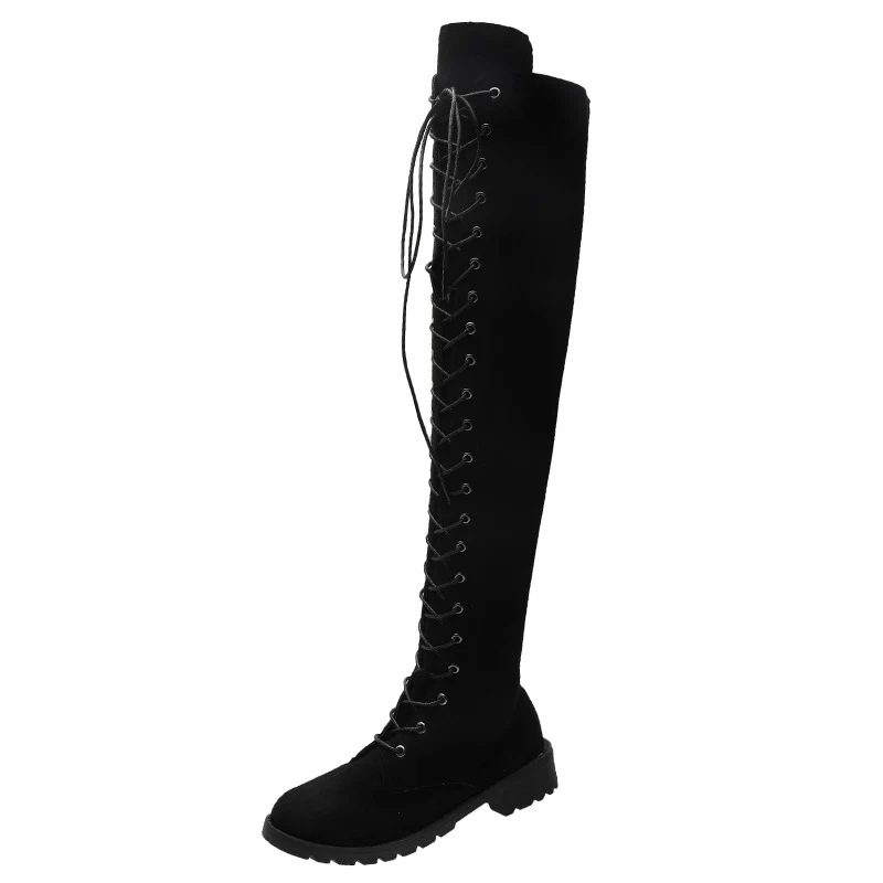 Damen Overknee-Schnürstiefel aus Veloursoptik mit durchgehendem Schnürsystem und grober Profilsohle Drune