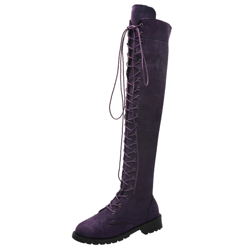 Damen Overknee-Schnürstiefel aus Veloursoptik mit durchgehendem Schnürsystem und grober Profilsohle Drune
