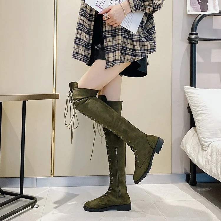 Damen Overknee-Schnürstiefel aus Veloursoptik mit durchgehendem Schnürsystem und grober Profilsohle Drune