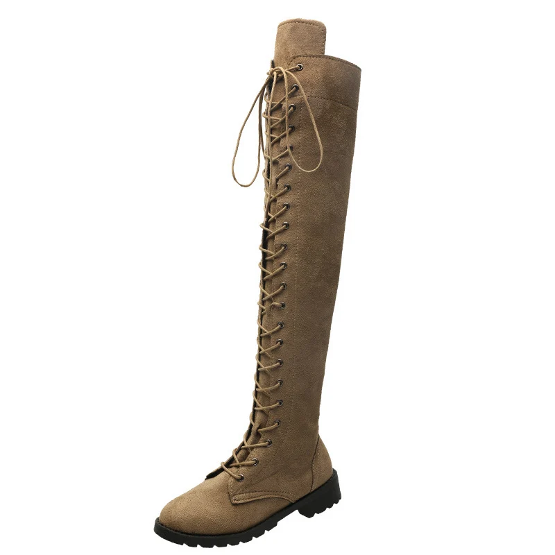 Damen Overknee-Schnürstiefel aus Veloursoptik mit durchgehendem Schnürsystem und grober Profilsohle Drune