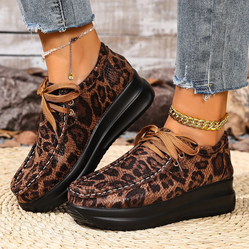 Damen Mokassin‑Sneaker mit Leopardenmuster, dicker Komfortsohle und Schnürung Drune