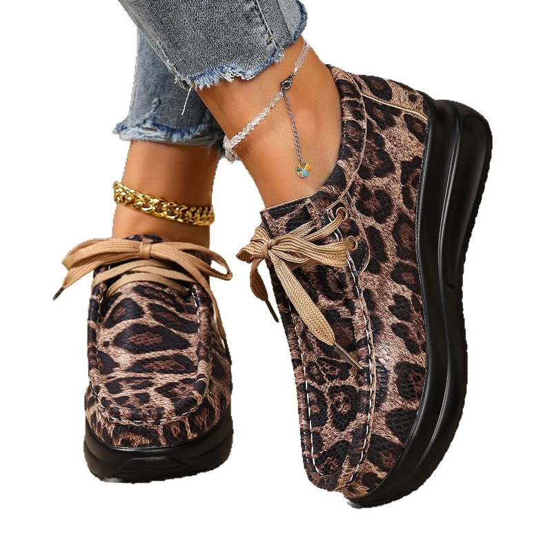 Damen Mokassin‑Sneaker mit Leopardenmuster, dicker Komfortsohle und Schnürung Drune