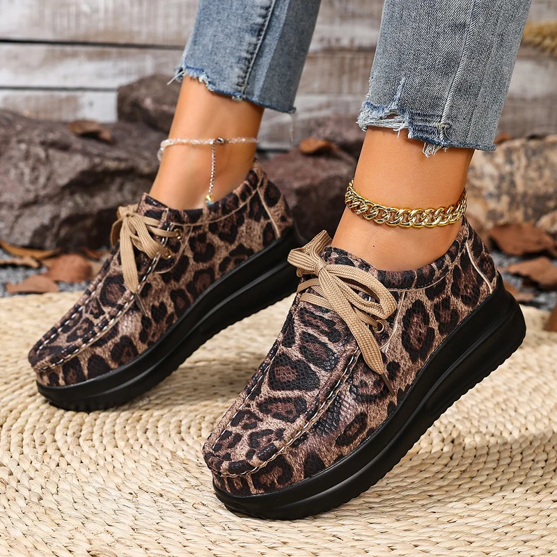 Damen Mokassin‑Sneaker mit Leopardenmuster, dicker Komfortsohle und Schnürung Drune