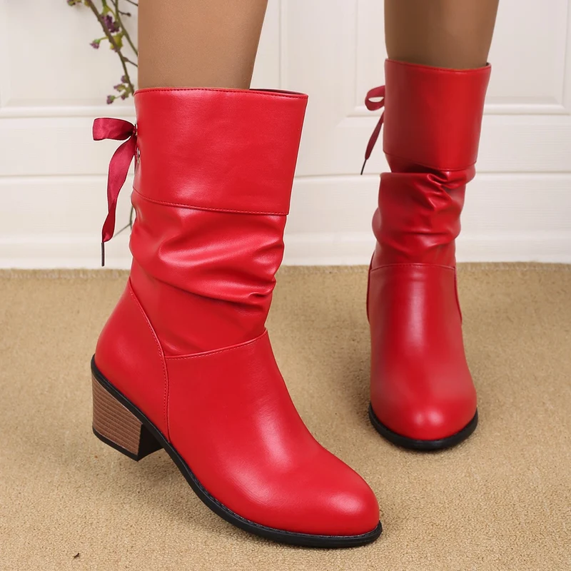 Damen Mid‑Calf Slouch‑Stiefel mit dekorativer Satinschleife Drune