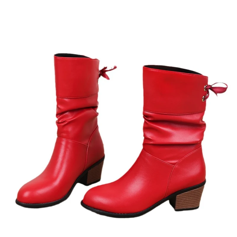 Damen Mid‑Calf Slouch‑Stiefel mit dekorativer Satinschleife Drune