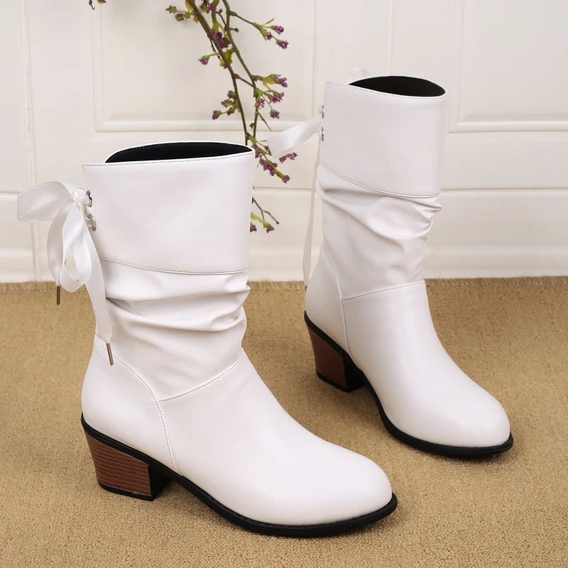 Damen Mid‑Calf Slouch‑Stiefel mit dekorativer Satinschleife Drune