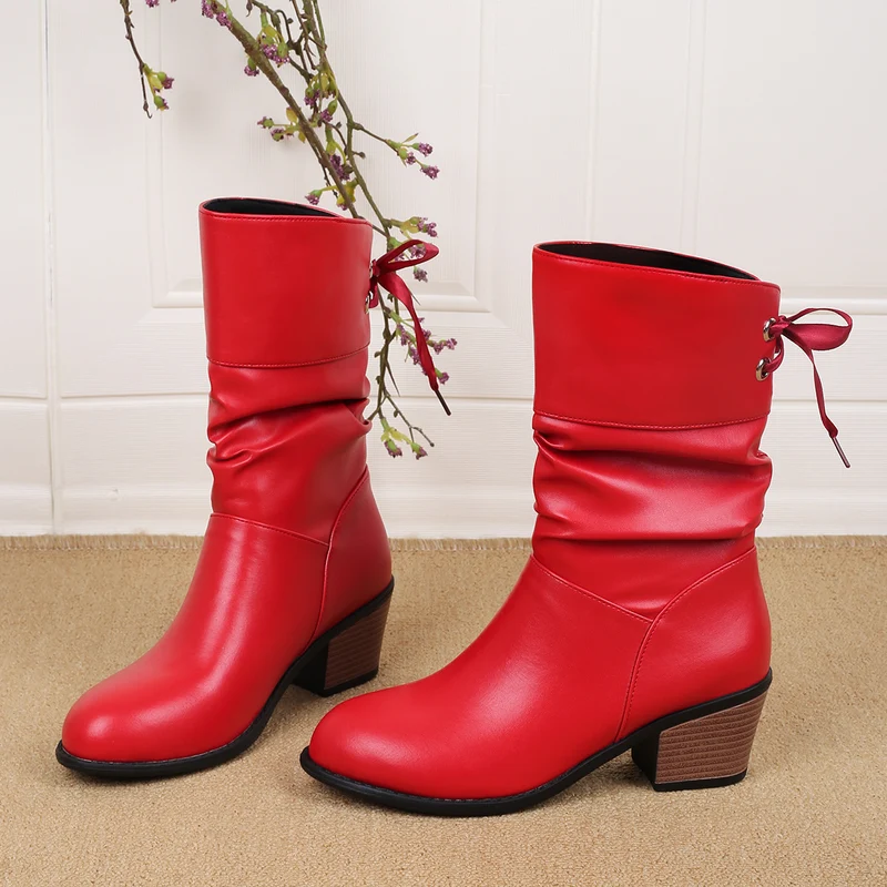 Damen Mid‑Calf Slouch‑Stiefel mit dekorativer Satinschleife Drune