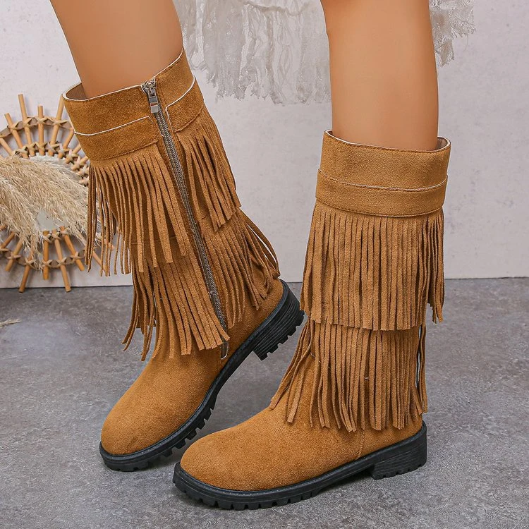Damen Mid‑Calf Fransenstiefel aus Veloursimitat mit mehrlagigen Fransen und profilierter Gummisohle Drune
