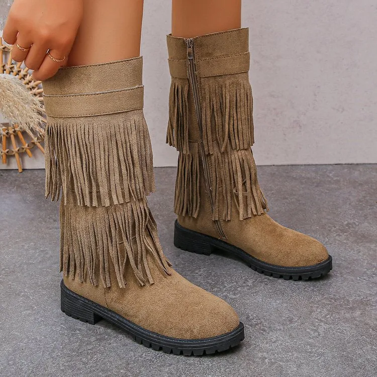 Damen Mid‑Calf Fransenstiefel aus Veloursimitat mit mehrlagigen Fransen und profilierter Gummisohle Drune