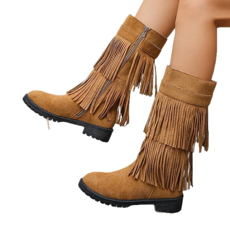 Damen Mid‑Calf Fransenstiefel aus Veloursimitat mit mehrlagigen Fransen und profilierter Gummisohle Drune