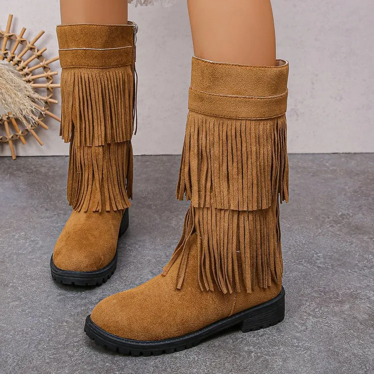 Damen Mid‑Calf Fransenstiefel aus Veloursimitat mit mehrlagigen Fransen und profilierter Gummisohle Drune