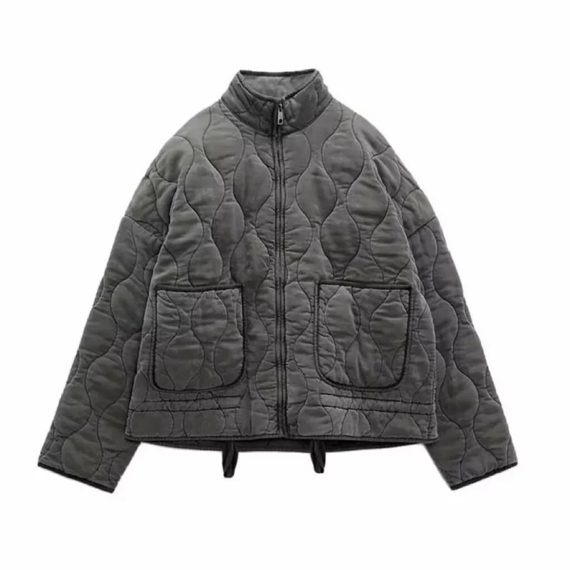 Damen gesteppte Quiltjacke mit Stehkragen und aufgesetzten Taschen Drune