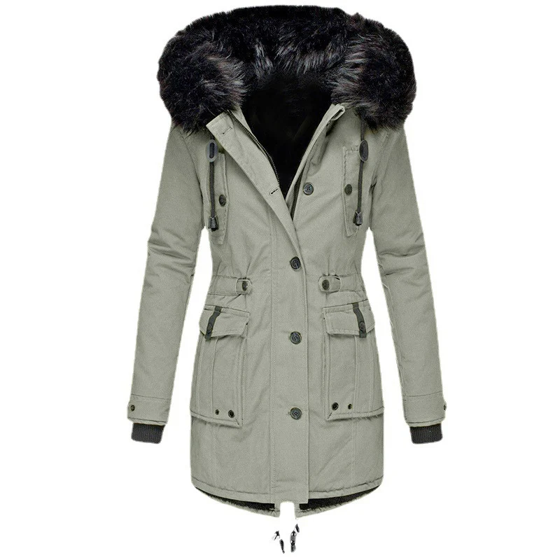 Damen Gefütterter Parka mit abnehmbarer Kunstfellkapuze, taillierter Silhouette und Utility‑Taschen Drune