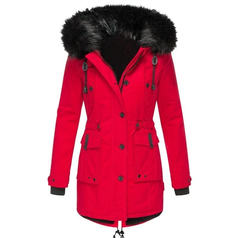 Damen Gefütterter Parka mit abnehmbarer Kunstfellkapuze, taillierter Silhouette und Utility‑Taschen Drune