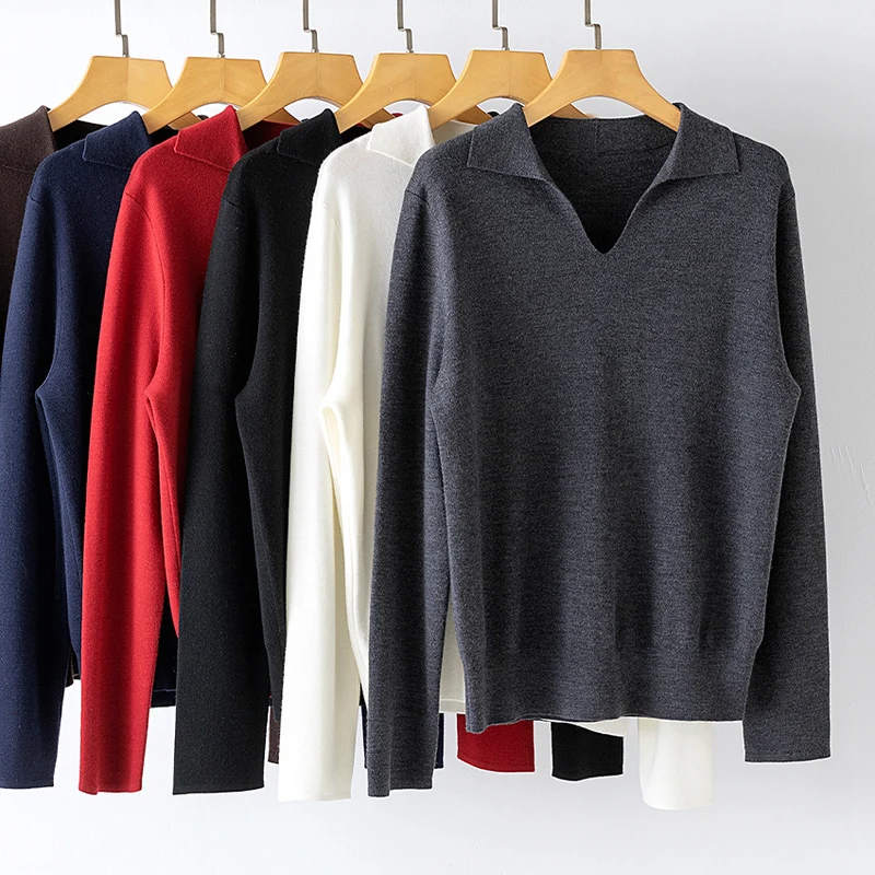 Damen Feinstrickpullover mit V-Ausschnitt und Hemdkragen Drune