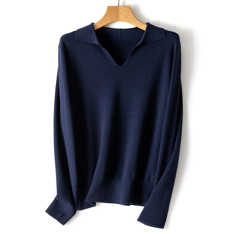 Damen Feinstrickpullover mit V-Ausschnitt und Hemdkragen Drune